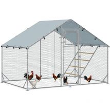Hühnerstall Freilaufgehege aus Stahl, 3 x 2 x 1,95 m Hühnerkäfig mit UV-beständiger Abdeckung, Futtertür, Hängefütterung, Sitzstange, Hühnergehege
