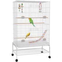 PawHut jaula para pájaros con ruedas bandeja extraíble comederos perchas juguetes y estante inferior para canarios periquitos 79x49x133 cm blanco