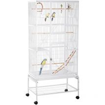 Pawhut - jaula para pájaros con ruedas con comederos perchas columpio escalera estante y bandeja extraíble 83x53x180 cm blanco