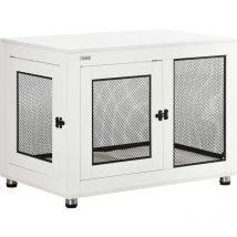 Jaula para perros de madera superficie mesa de centro 94x60x71,5 cm estilo mueble con 2 puertas de pestillo cojín y rejillas de acero blanco - Pawhut