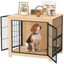 Pawhut - jaula para perros mesa auxiliar moderna con 2 puertas soporte giratorio con 2 tazones y marco de acero para perros medianos 80x60x68 cm roble