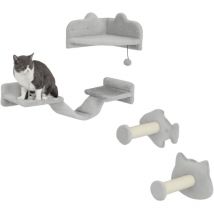 Katzen Kletterwand Set, 4-teilig Katzenmöbel mit Stufen, Leiter, Sprungtürmen, Kratzbäumen, Spielball, Sisal, für Katzen bis 5 kg, Hellgrau - Pawhut