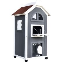 Pawhut Katzenhaus Für Draußen 2-stöckiges Katzenhaus Aus Tannenholz, Wetterfest Katzenhütte Mit Asphaltdach, Grau, 59 X 55 X 109 Cm