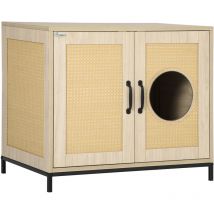 Meuble maison de toilette pour chat 2 en 1 avec double porte châssis Acier Panneaux Particules Aspect Bois Clair - Pawhut