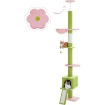 Pawz Road - Arbre à Chat au Plafond avec Hamac & Condo & Ceinture Anti-Chute,Ajustable 216-273 cm, Vert et Rose