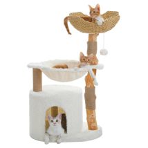 Pawz Road - Arbre À Chat Moderne 104 Cm Avec Poteaux En Poirier Naturel, Panier Tissé Xxl, Grand Condo & Hamac 40 Cm, Blanc
