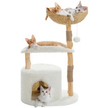 Pawz Road Arbre À Chat Moderne 97 Cm Avec Poteaux En Bois, Panier Tissé Xxl, Condo & Plateforme Courbée 50 Cm, Blanc