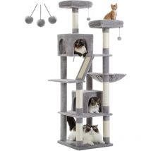 Pawz Road - Grand Arbre à Chat Multi-Niveaux avec 6 Poteaux à Griffer, 2 Griffoirs, 2 Niches, 2 Pompons & 1 Hamac, 180cm, Gris