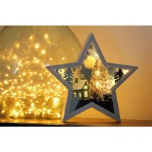 Kontarboor - Paysage de Noël dans Cadre en forme d'étoile , scène hivernale dans Cadre Lumineux Motifs petite maison enneigée et cerfs dans la forêt