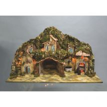 Paysage pour crèche Cm.42X96X58H avec fontaine, moulin, feu, 10 lumières décoration de noël