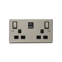 Se Home - Pearl Nickel 2 Gang 13A dp Ingot Type a & c usb Twin Double Switched Plug Socket - Black Trim