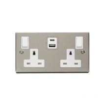 Se Home - Pearl Nickel 2 Gang 13A Type a & c usb Twin Double Switched Plug Socket - White Trim