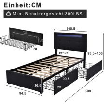 L&h-cfcahl - Cadre de lit avec éclairage led et 2 tiroirs, lit simple rembourré 90x200cm, tête de lit réglable en hauteur, sommier à lattes en bois,