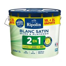 Ripolin - Peinture Murs et Plafonds 2 en 1 Blanc Satin 10L + 2L gratuits