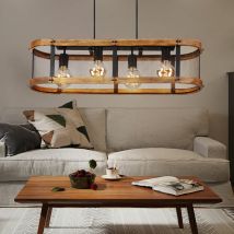Hängelampe Esstisch Pendelleuchte Holzlampe Esstischleuchte 4-flammig Hängeleuchte mit Holzrahmen, Gitteroptik, Rustikal, schwarz braun, E27, LxBxH