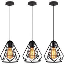Pendelleuchte Vintage, Metall Kronleuchter im Retro Look, Diamant Hängelampe mit Ø20cm Käfig E27 Fassung Schwarz 3PCS
