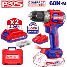 Perceuse sans fil Emtop 20v lithium-ion compacte sans balais avec 2 batterie 2,0 ah+1 chargeur+47 accessoires couple maximal : 60nm