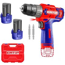 Perceuse visseuse sans fil Emtop 12v avec 2 batteries lithium-ion 1.5ah usb type-c 45nm 15+1 réglages de couple 2 vitesses led chargeur vendu