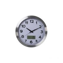 Perel - Reloj de Pared, Redondo, analógico, 35 cm, Pantalla lcd con termómetro, higrómetro y disposiciones meteorológicas, Aluminio, Plata