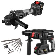 Onevan - Perforateur-burineur sans fil 26mm avec 10 accessoires+Meuleuse d'angle à 3 vitesses Brushless - avec deux batteries et chageur