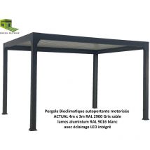 Green Outside - Pergola bioclimatique aluminium 4x3m, motorisee avec éclairage led intégré -autoportante coloris gris Sable (RAL2900) - Qualité pro