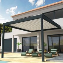 Ombrazur - Pergola Bioclimatique cocoon Mixte Gris anthracite / Blanc 4,00x4,088m (Vérin à télécommande)