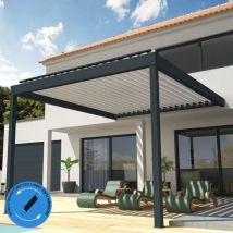 Pergola Bioclimatique cocoon perpendiculaire Mixte Gris anthracite / Blanc 4,051x3,50m (Vérin à télécommande + Kit led 3 cotés)