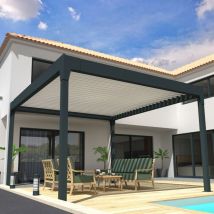 Ombrazur - Pergola Bioclimatique cocoon xl îlot Mixte Gris anthracite / Blanc 4,50x4,100m (Vérin à télécommande)