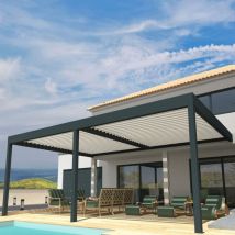 Ombrazur - Pergola Bioclimatique cocoon xl Mixte Gris anthracite / Blanc 7,00x4,987m (Vérin à télécommande + Kit led 3 cotés)