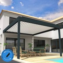 Ombrazur - Pergola Bioclimatique cocoon xl perpendiculaire Mixte Gris anthracite / Blanc 6,015x4,50m (Vérin à télécommande)