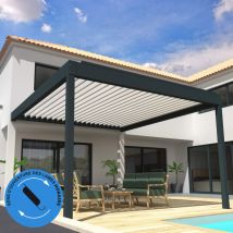 Pergola Bioclimatique cocoon xl perpendiculaire Mixte Gris anthracite / Blanc 4,965x3,00m (Vérin à télécommande + Kit led 3 cotés)