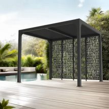 Pergola bioclimatique Habrita Foresta per 2430M bi aluminium balcon et terrasse 7,20m2 avec 4 panneaux moucharabieh coloris gris pour côté 3m