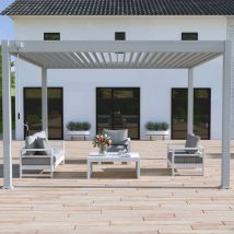 Pergola bioclimatique Ombréa autoportante VS - 3x4M Gris perle + 1 store 4M blanc