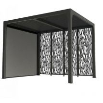 Pergola bioclimatique Habrita Foresta per 24R30M bi aluminium balcon et terrasse 7,2m2 avec 4 panneaux moucharabieh et rideau manuel gris