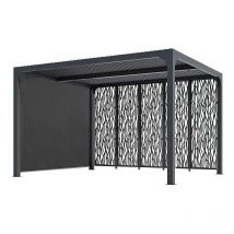 Pergola bioclimatique Habrita Foresta PER36M30R bi alu 10,80m2 gris avec panneaux moucharabieh pour côté 3,60m et rideau manuel pour côté 3m