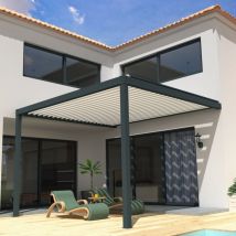 Ombrazur - Pergola Bioclimatique style Mixte Gris anthracite / Blanc 3,00x3,046m (Motorisé à télécommande + Eclairage led)