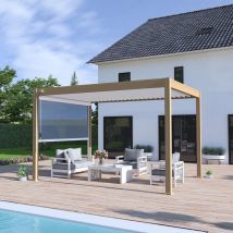Pergola bioclimatique VS Ombréa autoportante 3x4M - Woodlook bois naturel + 1 store 4M blanc