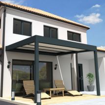 Ombrazur - Pergola isotoit confort rétractable Gris anthracite 4,00x4,40m (Motorisé à télécommande + Kit led 3 cotés)