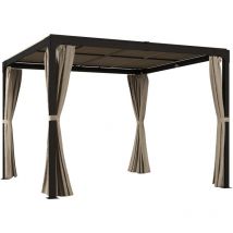 Pergola rétractable dim. 2,95L x 2,95l x 2,20H m double toit coulissant 4 rideaux alu. acier noir polyester beige