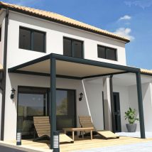 Ombrazur - Pergola toile sunlight Gris anthracite - 4,00x4,00m (Motorisé à télécommande secours + Kit led 1 coté - Ecru)