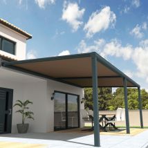 Ombrazur - Pergola toile sunlight Gris anthracite - 7,00x4,00m (Motorisé à télécommande secours + Kit led 1 coté - Taupe)
