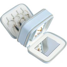 Petite boîte à bijoux avec miroir, mini boîte à bijoux de voyage à 2 niveaux en pu, organiseur de bijoux portable pour femmes et filles (bleu)