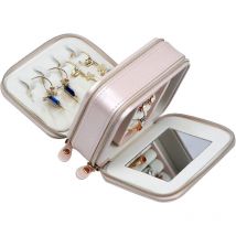 Petite boîte à bijoux avec miroir, mini boîte à bijoux de voyage à 2 niveaux en pu, organiseur de bijoux portable pour femmes et filles (rose)