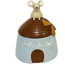 Petite boîte à dents de lait souris sur un petit moulin gris – Matières : Résine – Dimensions : 7 cm x 5.5 cm x 5.5 cm