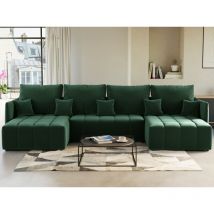 Bestmobilier - Petra – Wohnlandschaft U-form – 7-sitzer – Mit Schlaffunktion – Mit Bettkasten – Aus Samt - Grün