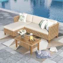 Phi villa 3 Pieces Rattan Garden Furniture with Outdoor Coffee Table, l Shaped Patio Wicker Corner Sofa Sectional Furniture Set with Thickened