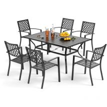 Phi villa 7 Piece Garden Outdoor Patio Dining Set, Rectangular Metal Table with Umbrella Hole and 6 Stackable Garden Chairs, Garden Table and Chairs