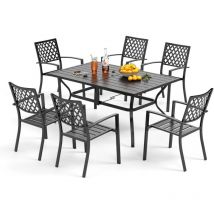 Table rectangulaire en métal avec trou pour parapluie et 6 chaises de jardin empilables, ensemble table et chaises de jardin - Phivilla
