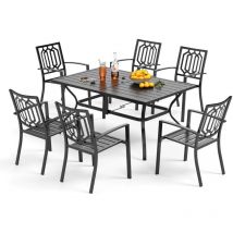 PHIVILLA Ensemble table et chaises de jardin, ensemble de salle à manger de patio, table rectangulaire en métal avec trou pour parapluie et 6 chaises