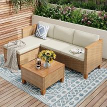 Phi villa Rattan Garden Furniture 3 Pieces with Outdoor Coffee Table, l Shaped Patio Wicker Corner Sofa Sectional Furniture Set with Thickened